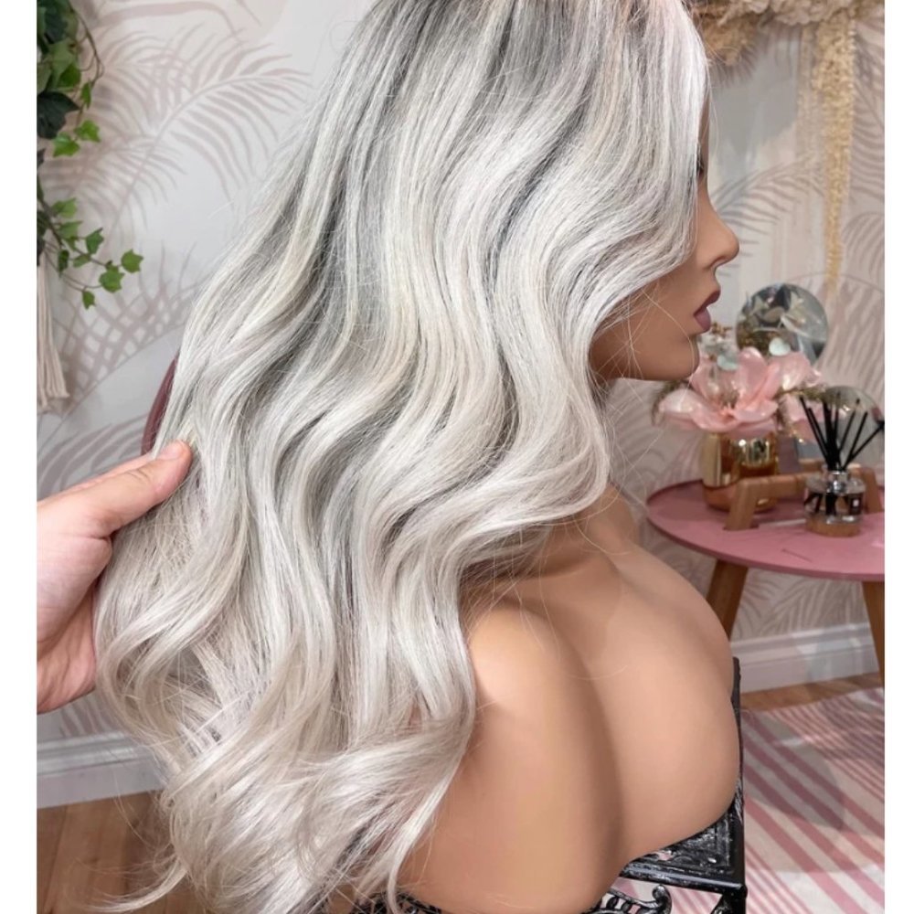 NEW WIG 100% Human Hair Icy Platinum Money Piece & Ashy Blonde Shaded Root